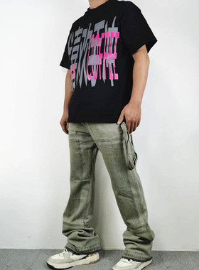 灰绿色街头小众水洗做旧工装飘带伐木牛仔裤男宽松堆积毛边长裤潮