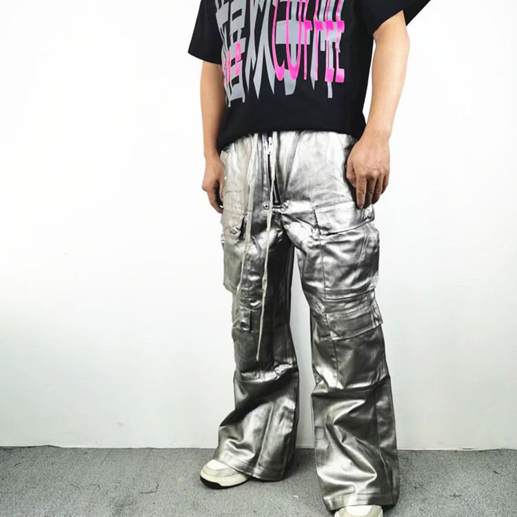 小众高街风哑光涂层多口袋休闲工装裤男宽松防风保暖长裤阔脚皮裤