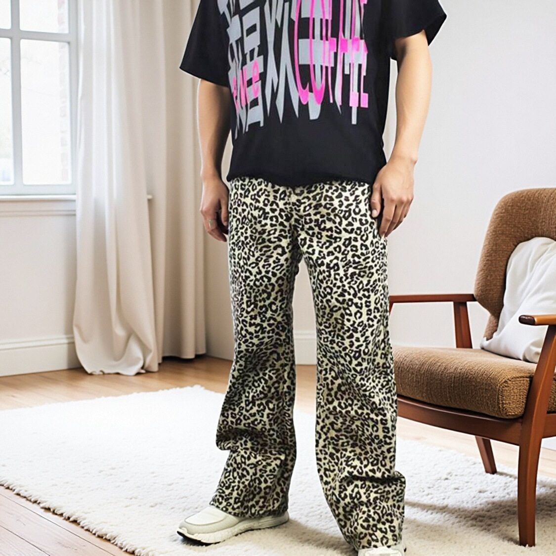 美式复古水洗豹纹迷彩休闲裤男宽松直筒阔腿微喇垂直感显瘦长裤子