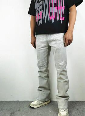 复古高街水洗做旧涂层刷胶微喇牛仔裤男休闲修身显瘦微弹褶皱长裤