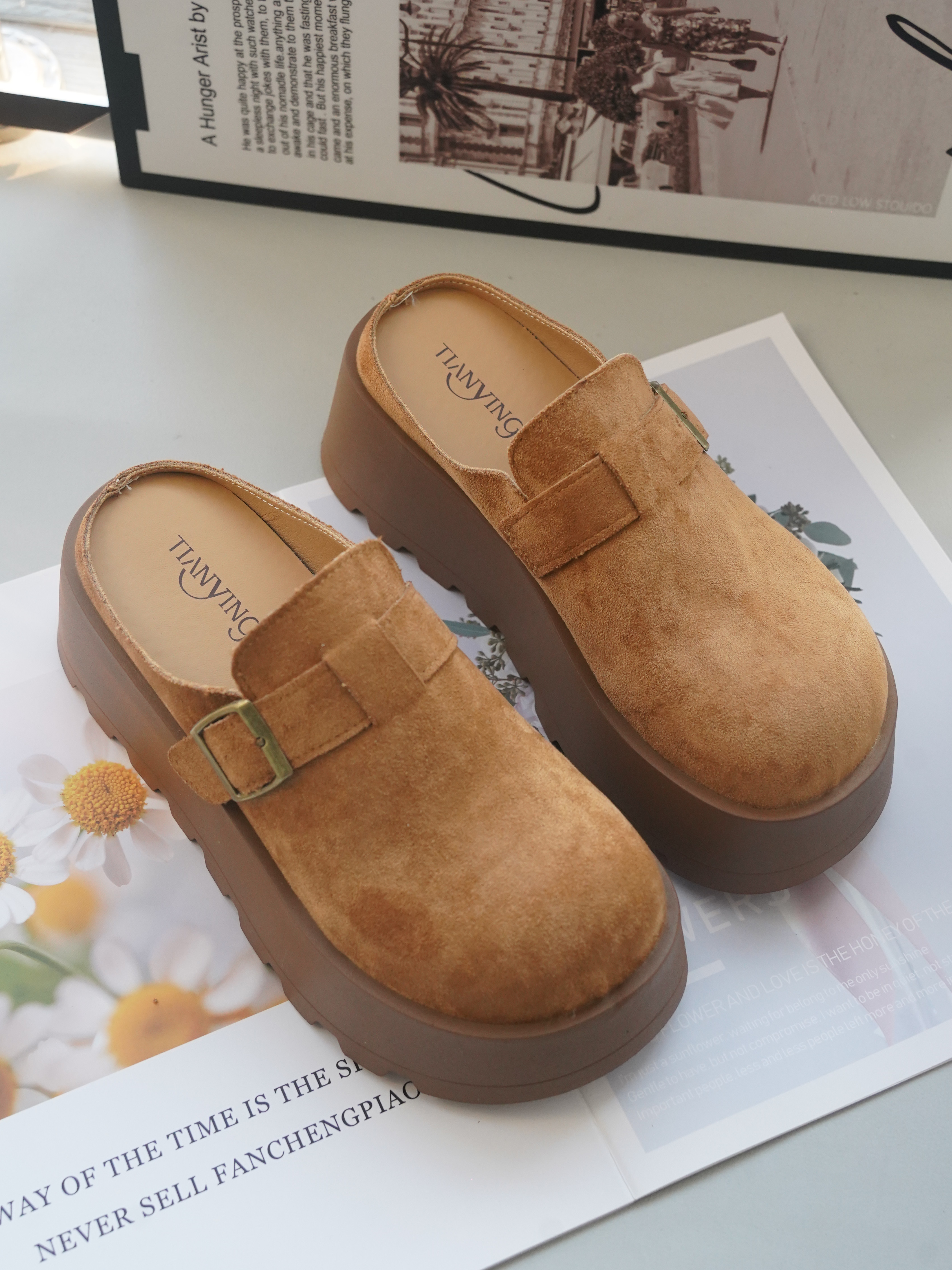 商场门店款厚底勃肯拖女款春秋包头鞋懒人半拖真皮一脚蹬增高外穿