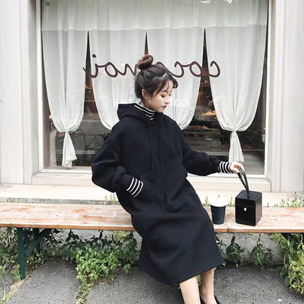 oversize半高领连帽卫衣女拼接假两件冬季加绒加厚长款过膝连衣裙