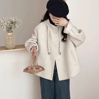 抽绳连帽小个子宽松羊毛呢子外套