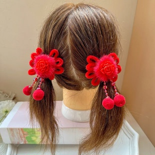 新年宝宝汉服头饰红色蝴蝶结毛球流苏发夹古风中国风女童绒花对夹