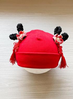 女宝宝可爱公主胎帽春秋棉布帽大红色喜庆中国风婴幼儿小月龄帽子