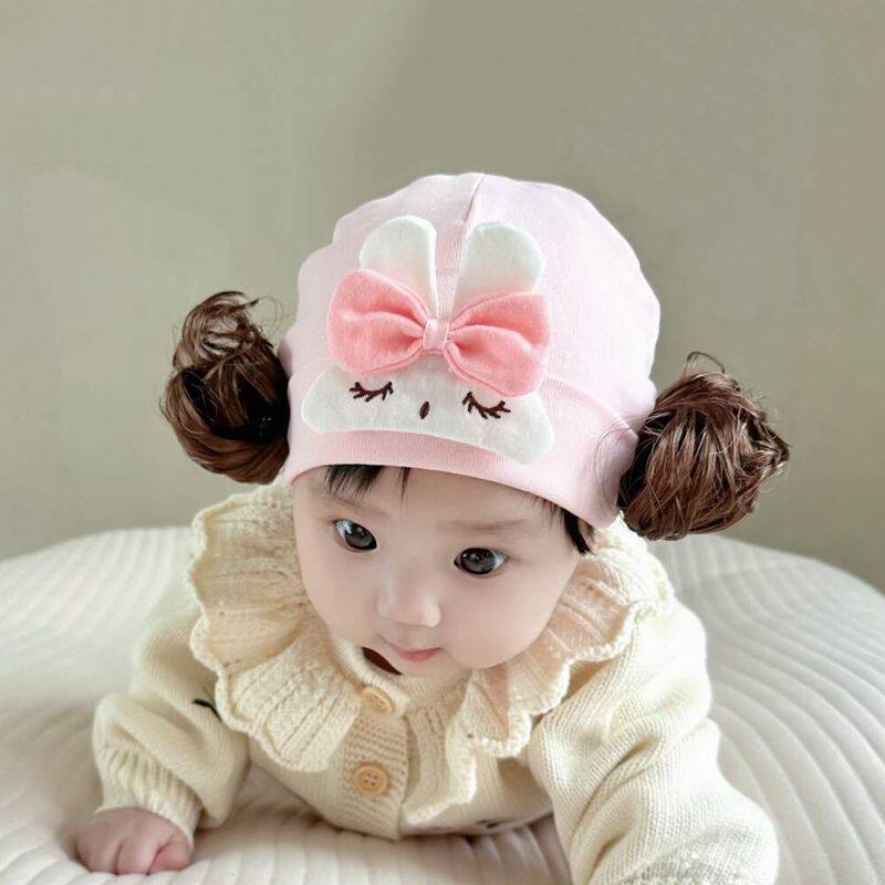 婴幼儿帽子春秋冬新款可爱超萌小兔子婴儿假发帽子女宝宝纯棉胎帽