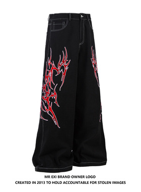 MR EXI美式复古小众设计红色火焰刺绣高街阔腿牛仔裤亚逼风休闲裤