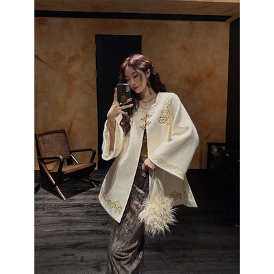 【呼呼专享】【枫眠】大衣女款民族风刺绣羊毛呢子外套深冬