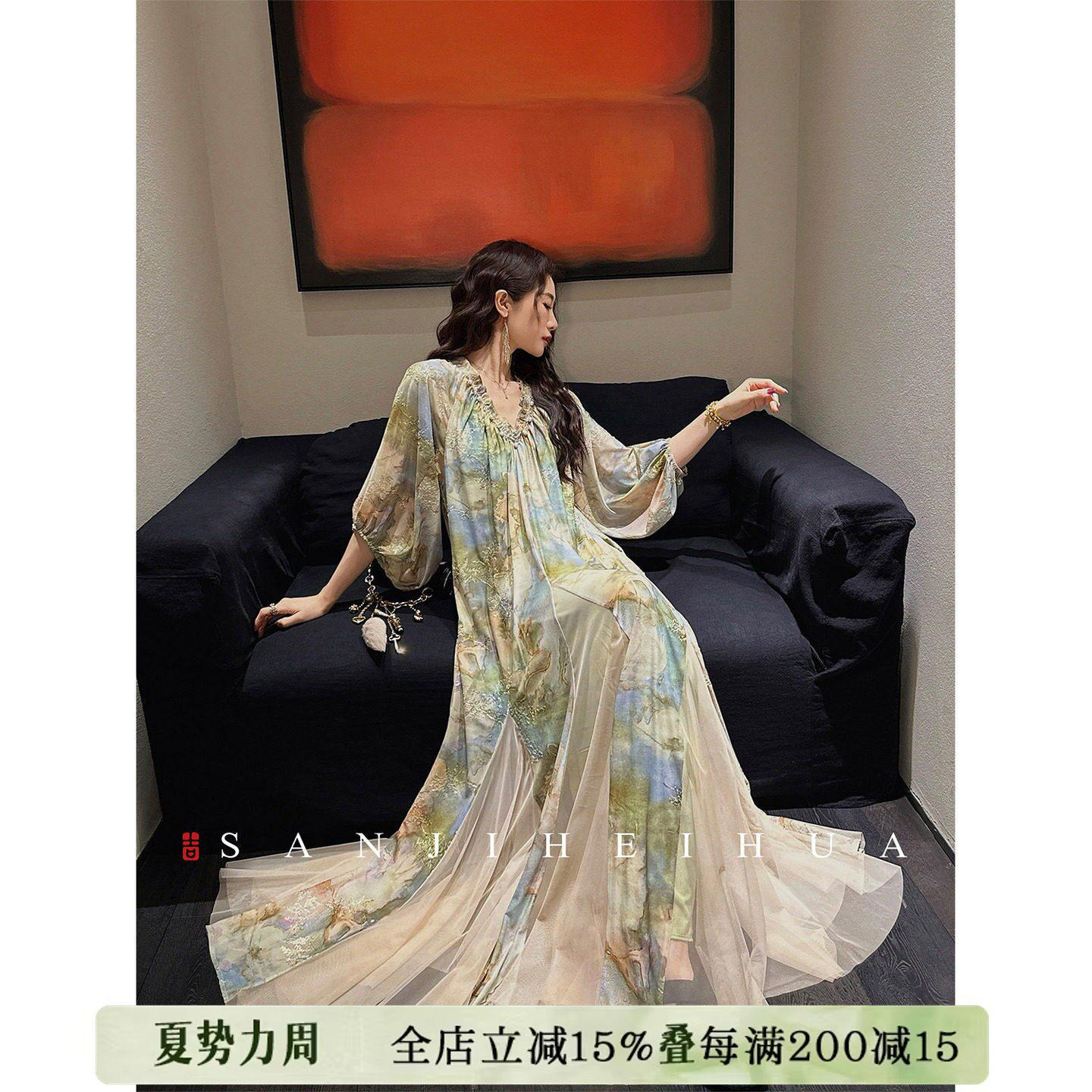 【专柜买手珠珠】三吉黑花【阑珊】新中式烫金烧花早春漂亮连衣裙