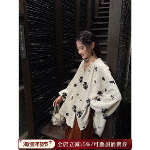 始一 三吉黑花 珠管绣亚麻棉提花布上衣高端小资 呼呼专享