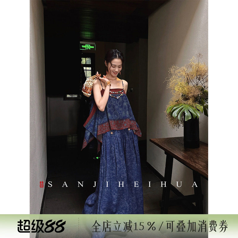 【夏天粉丝专享】三吉黑花【池梦鲤】新中式国风套装印花棉麻民族图片