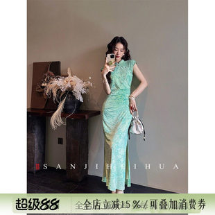 【专柜买手珠珠】三吉黑花【亭亭玉】新中式静电植绒收腰弹力旗袍