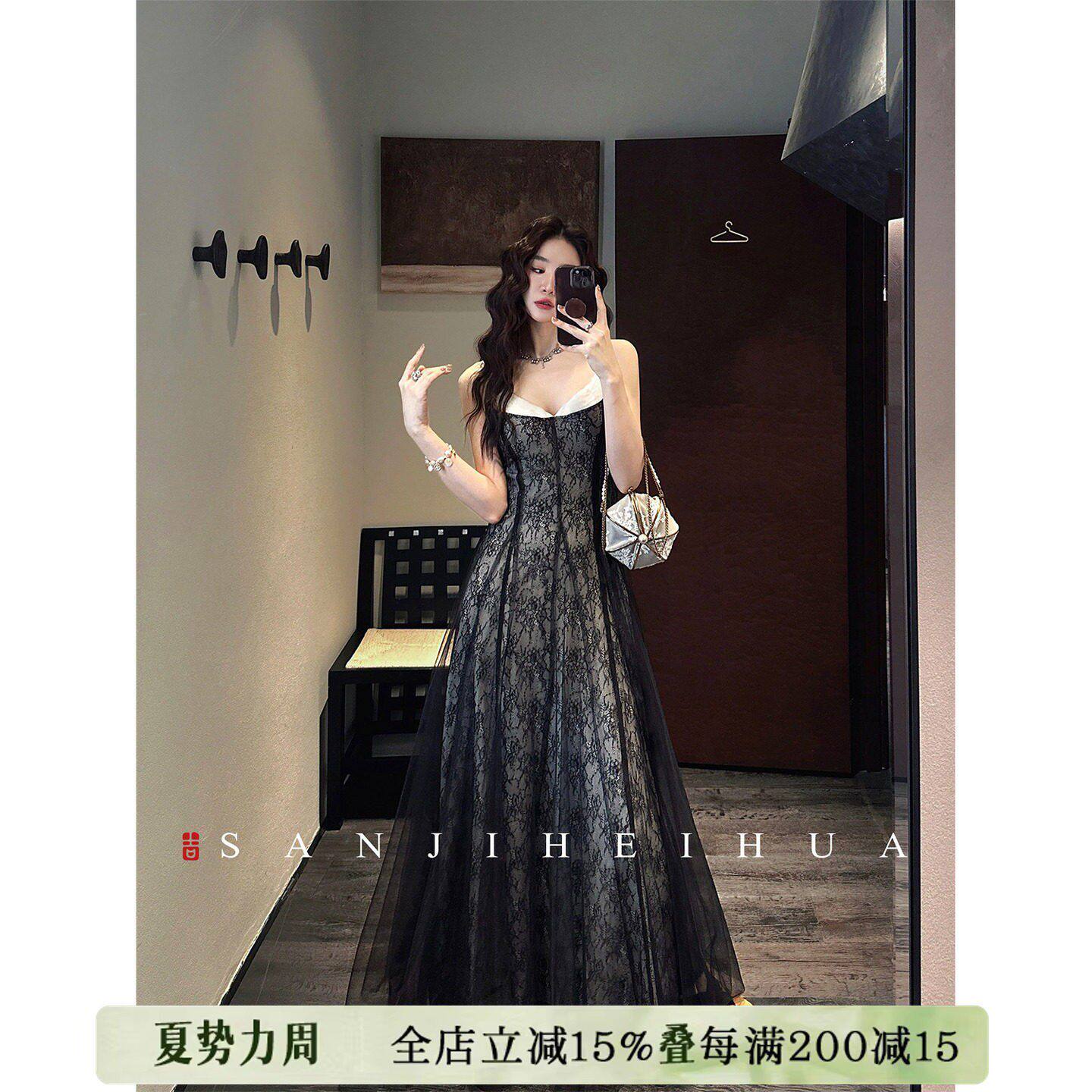 《鹦鹉梨严选》三吉黑花【花枝影】亮片蕾丝连衣裙SJADS0002X
