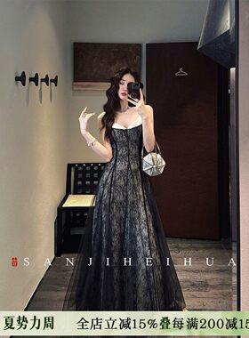 《鹦鹉梨严选》三吉黑花【花枝影】亮片蕾丝连衣裙SJADS0002X