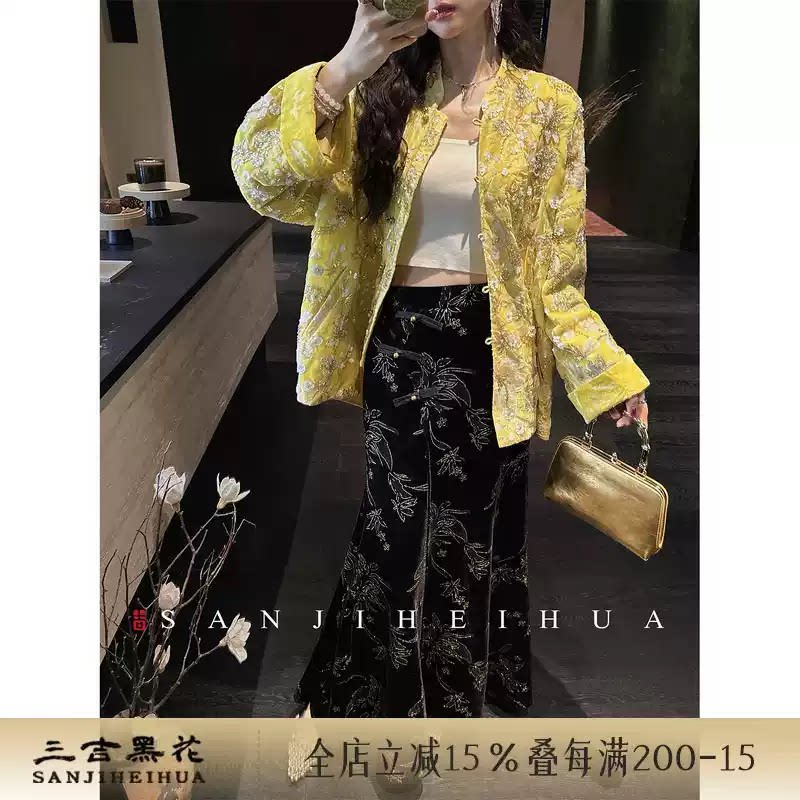 【夏天粉丝专享】三吉黑花【丹若】新中式烫金丝绒A字半身裙