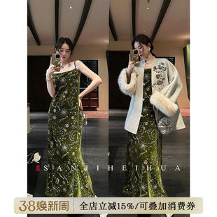 【芊芊粉丝专享】三吉黑花【簪星】钉珠刺绣连衣裙子丝绒吊带裙