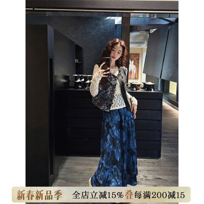 【呼呼专享】三吉黑花【霜颜】国风新中式植绒半身裙晕染A字长裙