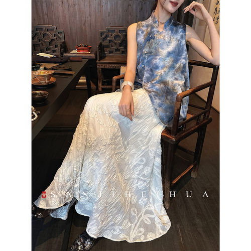 【妞妞专享】三吉黑花【江念】雪纺半身裙春立体盘带绣烫金压皱
