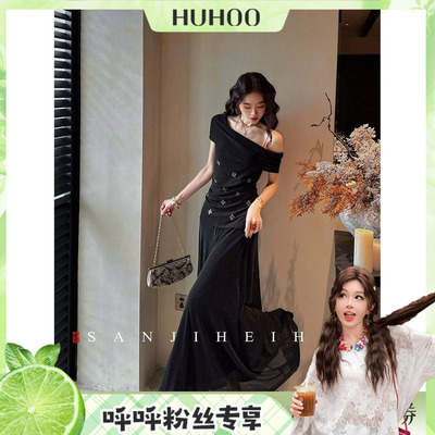 【呼呼专享】三吉黑花【鸟不知】新中式珠绣银丝针织露肩连衣裙