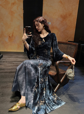 【呼呼专享】【朝夕】新丝绒连衣裙子秋季长袖国风旗袍长裙