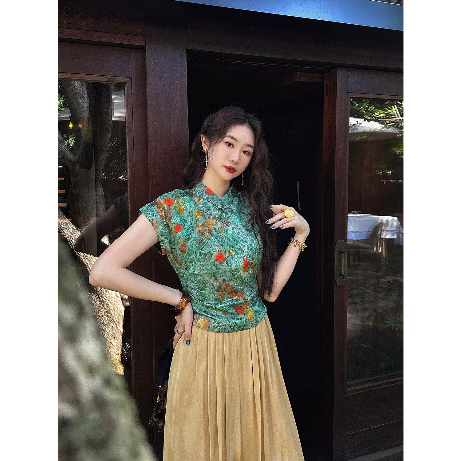 【妞妞专享】三吉黑花【玉楼春】上衣旗袍雨露麻短袖衬衫高级感