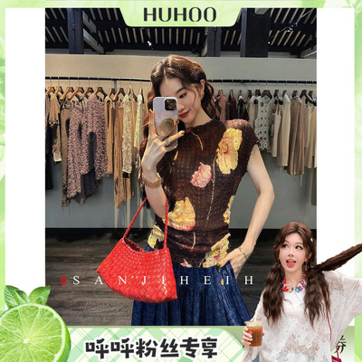 【呼呼专享】三吉黑花【古早】新中式泡泡皱印花短袖