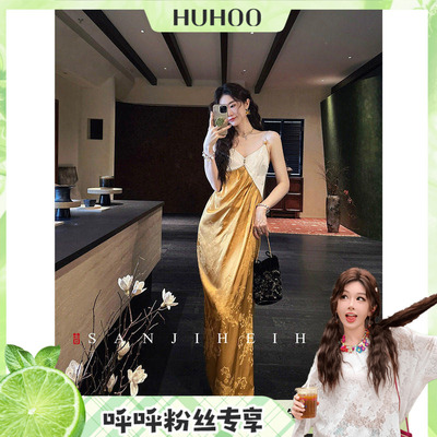 【呼呼专享】三吉黑花【品月】新中式色织金人丝连衣裙子女