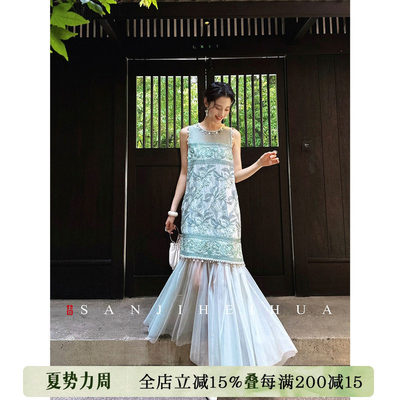 【呼呼专享】三吉黑花【满庭芳】新中式连衣裙女特种刺绣人丝网纱