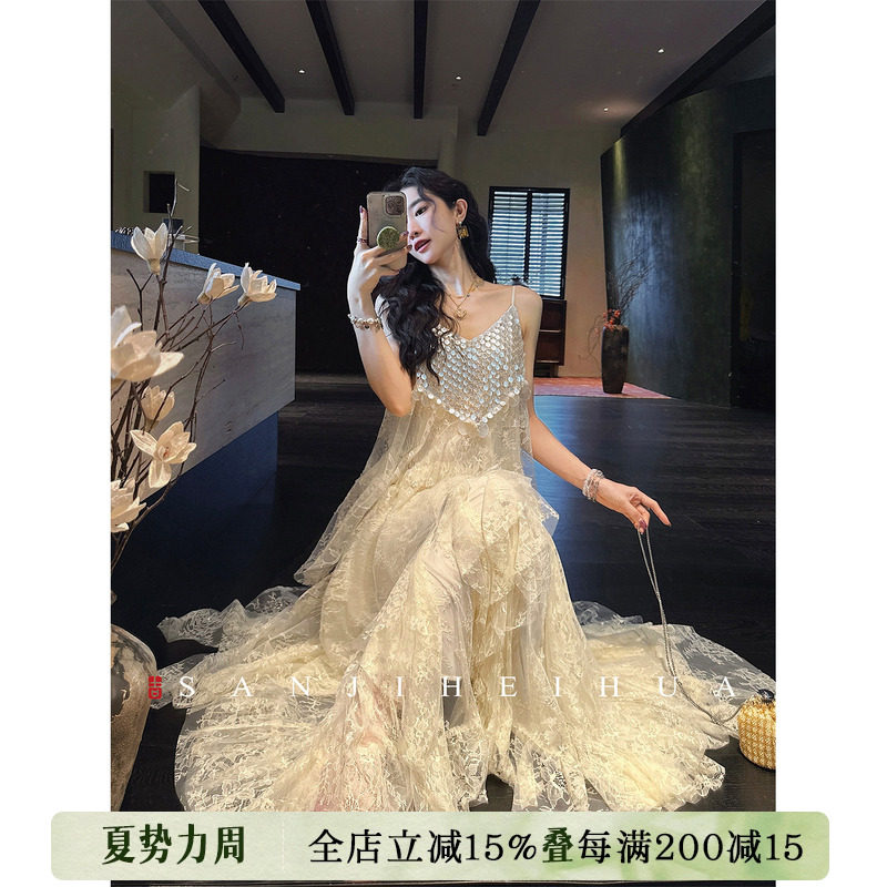 【呼呼专享】三吉黑花【贝蕾】新中式贝壳蕾丝珠片连衣裙子图片