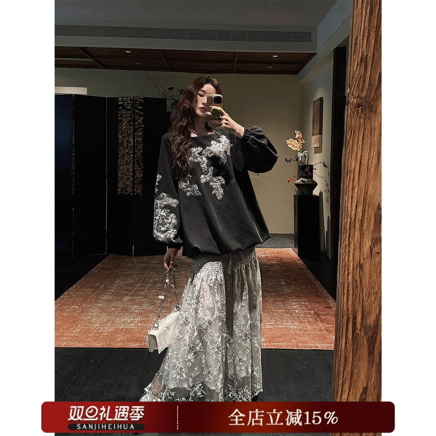 【呼呼专享】【簪上雪】新中式珠绣连衣裙子长袖巨好看秋拼接长裙