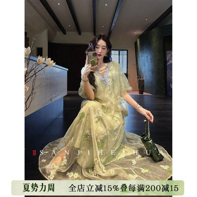 【呼呼专享】三吉黑花【夏萤】新中式珠绣织金连衣裙子重工网纱