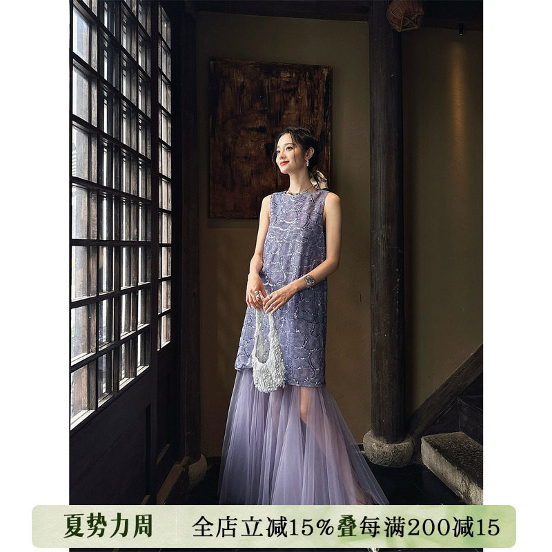 【呼呼专享】三吉黑花【拾光】国风新中式段染钉珠绣连衣裙
