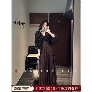 【呼呼专享】三吉黑花【上喜】蕾丝网纱秋冬装连衣裙子连身长裙