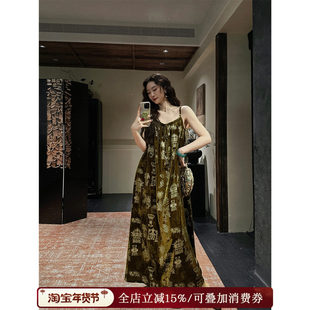 【呼呼专享】三吉黑花【醉花阴】人丝绒拔染连衣裙子吊带长裙