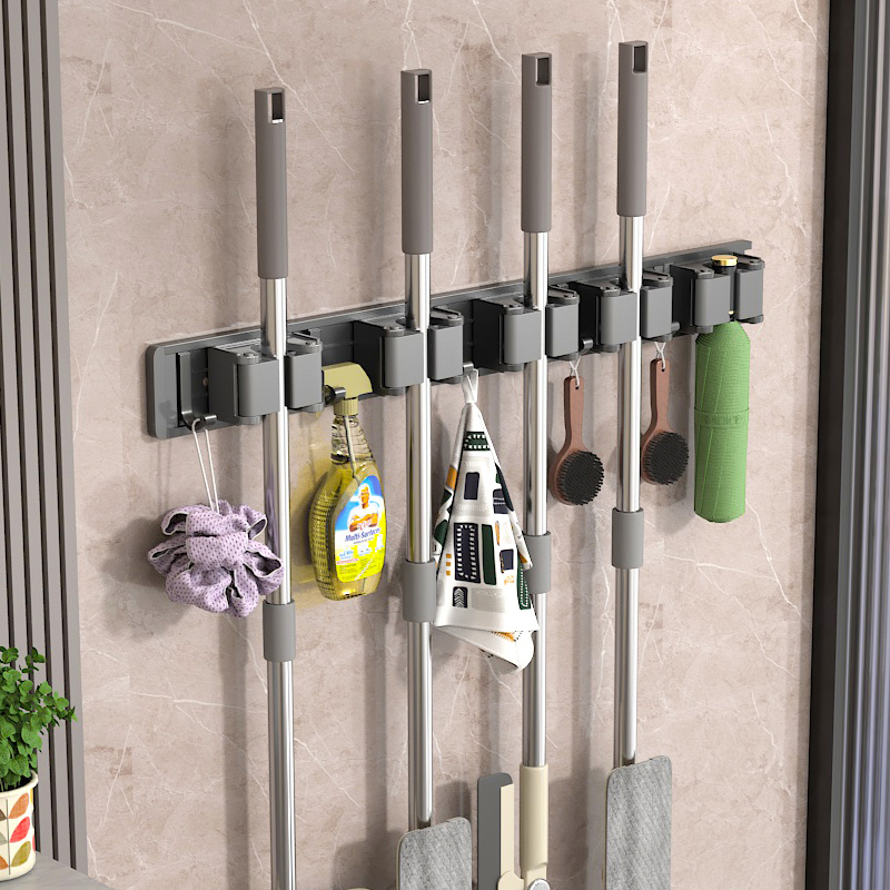 免打孔卫生间壁挂式拖把架带挂钩阳台扫把拖布夹收纳墙上置物架子