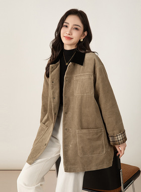 Eworld25冬复古巴恩风灯芯绒外套女羽绒宽松中长款工装夹克X65721