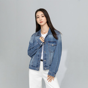 Eworld2025春新款 渐变色牛仔外套女短款长袖宽松夹克牛仔X65366
