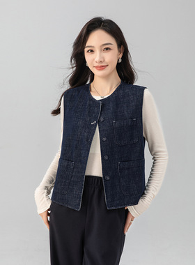 Eworld25秋复古工装牛仔马甲竖条纹撞色两面穿显瘦百搭背心X65540