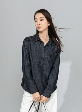 Eworld春简约设计感开叉袖口深V翻领宽松显瘦牛仔套头袖衬X65326