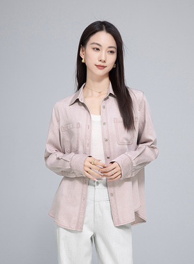 Eworld25春 设计感小众粉色复古廓形工装口袋牛仔衬衫女X65419