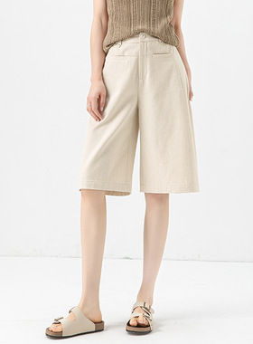 Eworld25夏麻本色休闲五分裤女松紧腰显瘦老钱风阔腿裤X85306