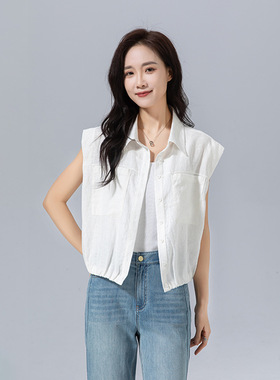 Eworld25夏 松紧收腰宽松无袖衬衫女休闲短款亚麻上衣X65463