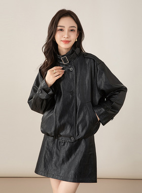 Eworld25秋油蜡感黑色外套女立领系带柔软夹克短外套X65723