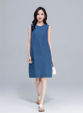 Eworld25夏 新款极简直筒群宽松气质百搭无袖圆领牛仔连衣X65410