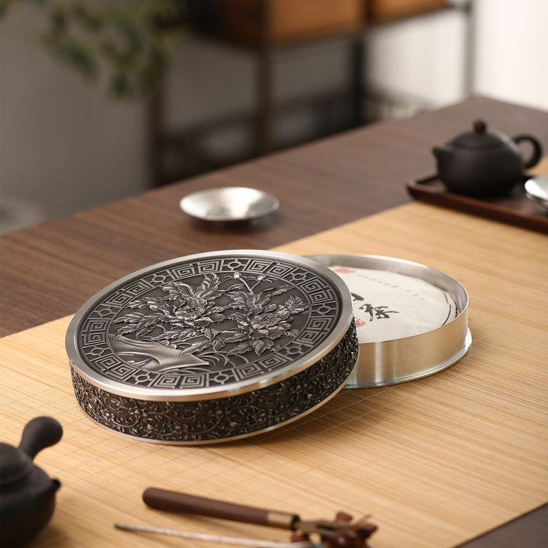 锡罐普洱茶饼密封茶叶罐白茶收纳盒浮雕牡丹复古锡罐纯锡茶饼礼盒