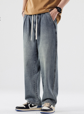 大牛传说秋季松紧腰牛仔裤男士宽松直筒潮牌休闲大码阔腿长裤3613