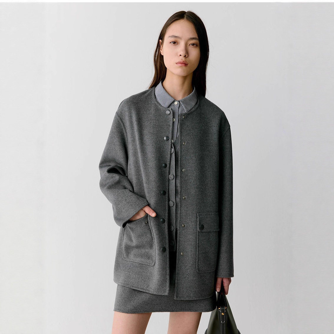 IC小禾双面羊绒大衣女圆领短款气质2025秋冬新款全羊毛双面呢外套