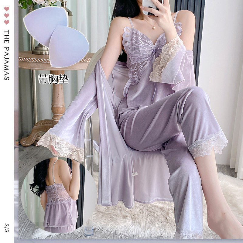 舒适家居服蝴蝶金丝绒睡衣女性感