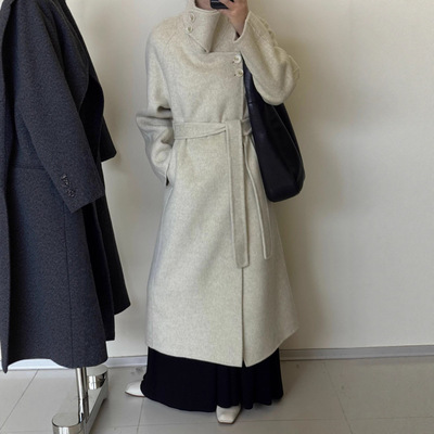 设计感不规则立领双面羊毛大衣女秋冬季2025新款感长款收腰毛