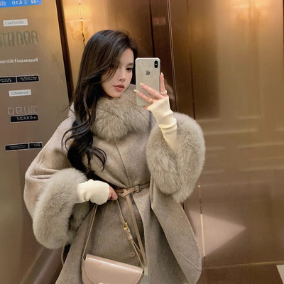 2025秋冬新款狐狸毛领双面羊绒大衣女韩版羊毛呢斗篷披肩外套